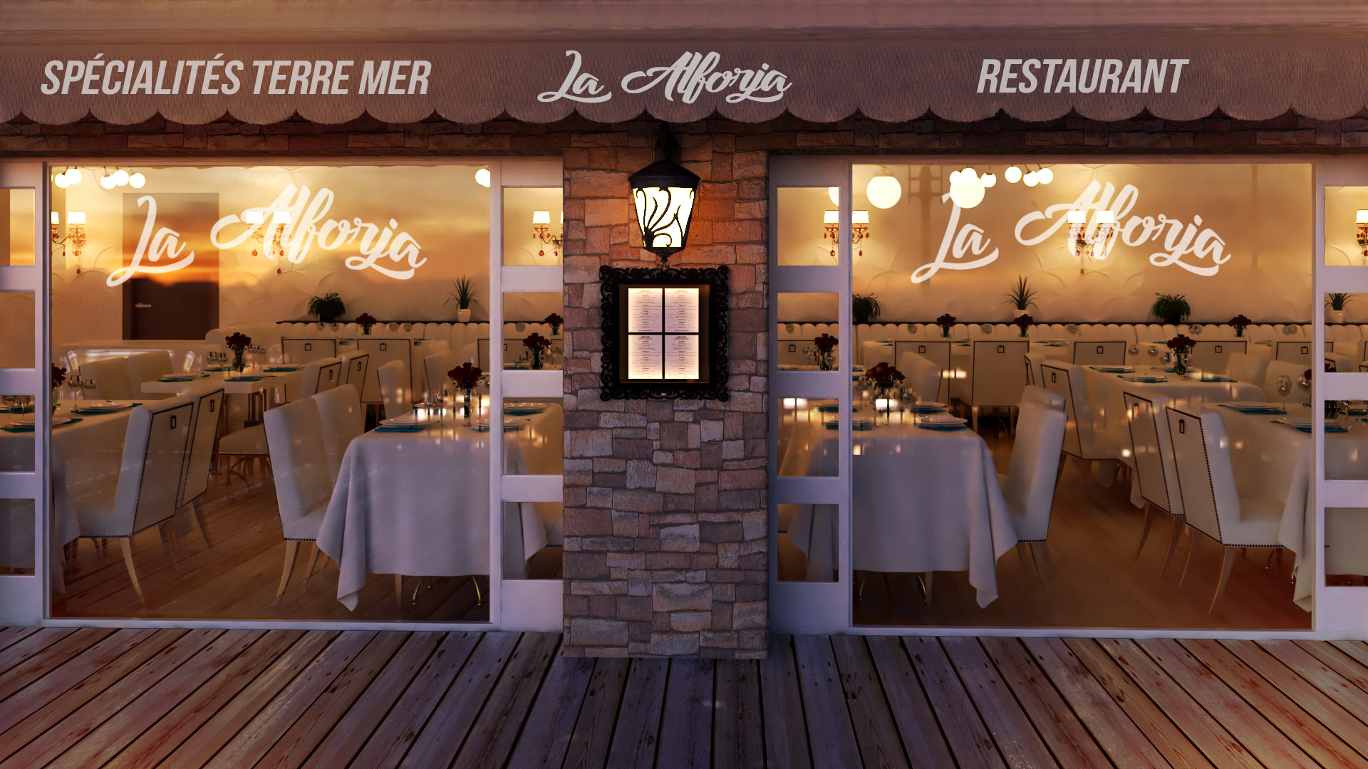 Vitrine du restaurant, vue en soirée. Modélisation 3d - Graphiste 3d architecture freelance 