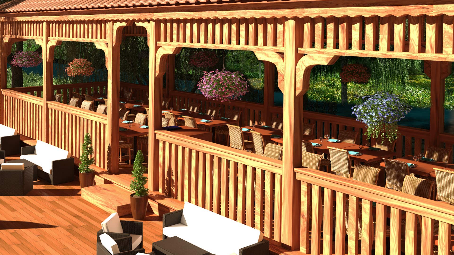 Salle de restaurant extérieure en ossature bois. Infographiste 3d architecture
