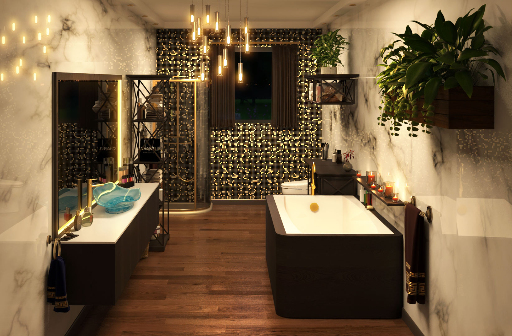 Infographiste 3d salle de bain en marbre, bois et mosaïque