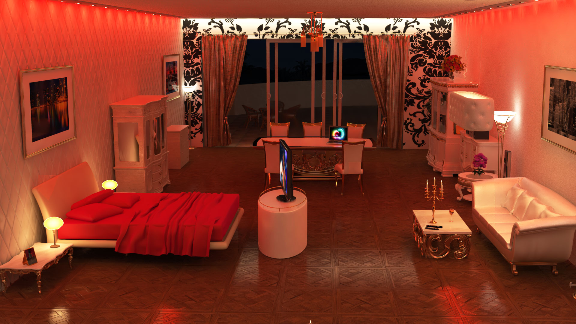 Graphiste 3d. Rendu chambre suite classique, de nuit, avec un éclairage rouge. Design et agencement de maison individuelle, architecture et décoration d'intérieur