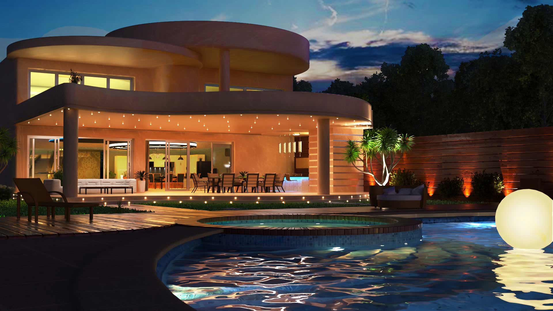 Perspective architecture 3d - Villa avec piscine de nuit