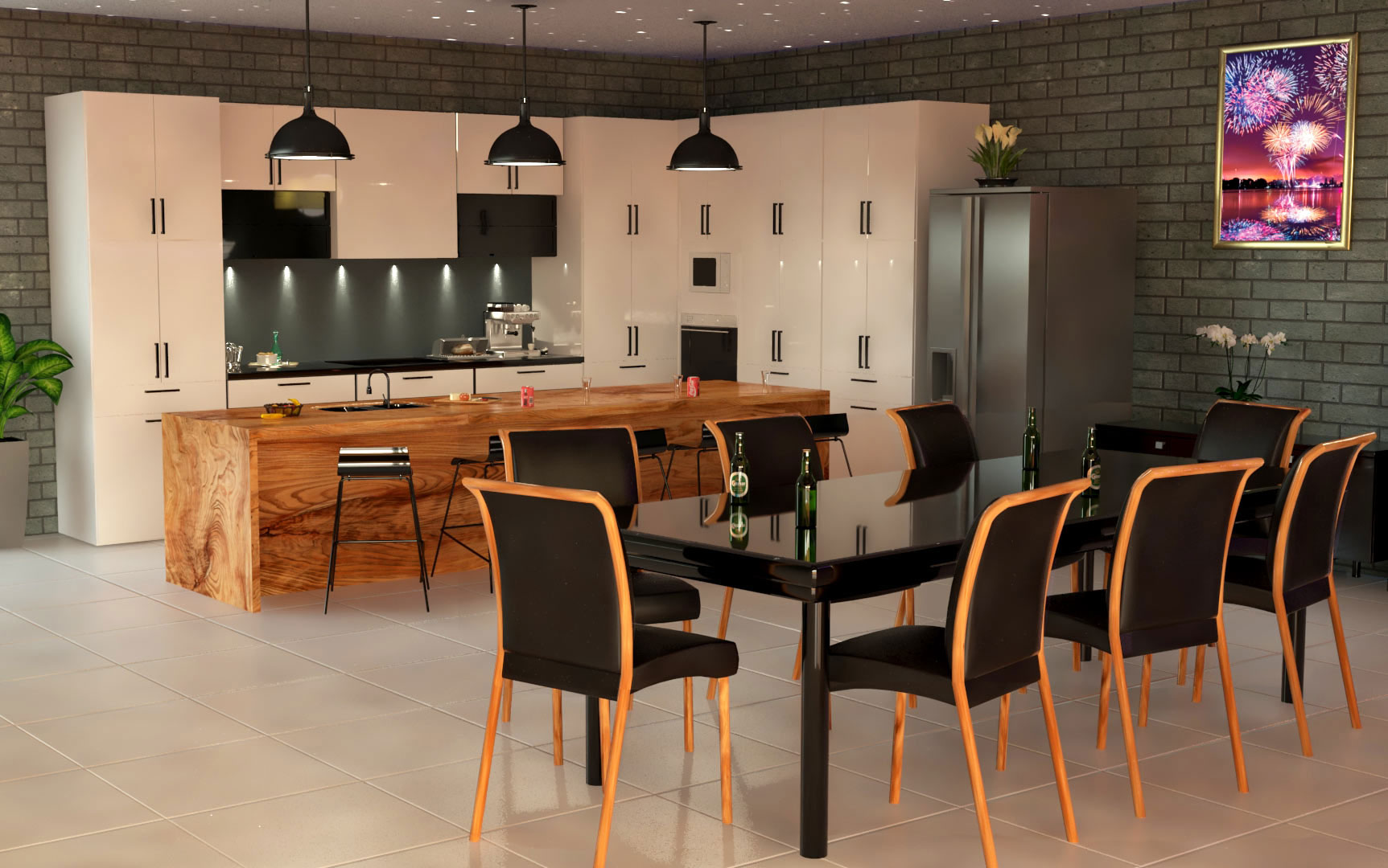 Conception de l'espace cuisine ouverte sur le salon et la salle à manger, par Designer Graphiste 3d freelance perspectives architecture d'intérieur