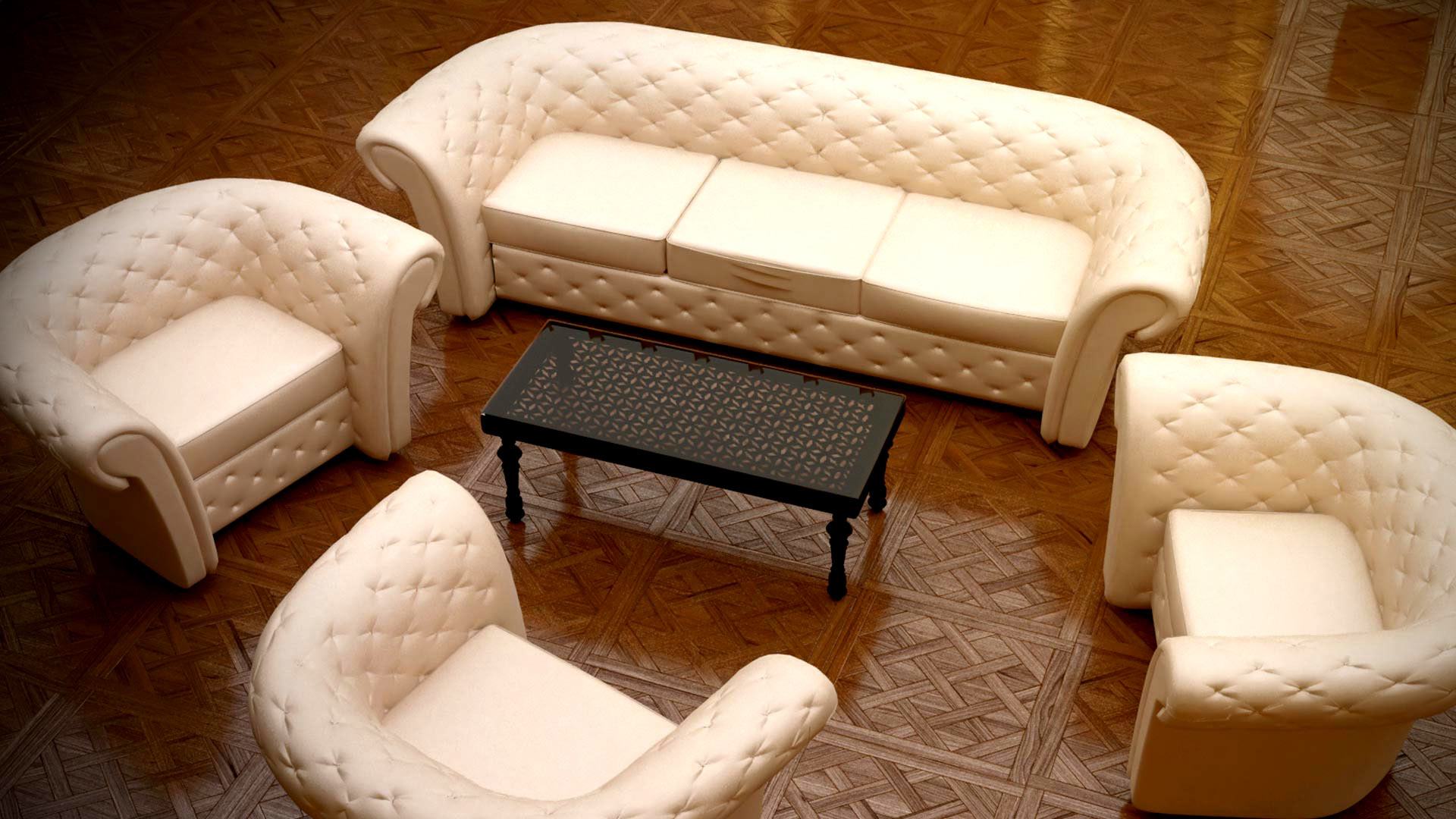 Graphiste Modélisation 3d mobilier salon fauteuil banquette en cuir blanc  